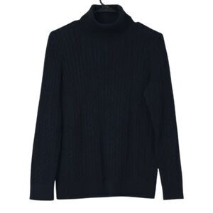 Talbots Cable Knit Turtle Neck Sweater Womens Medium Petite Black Stretchy Prep